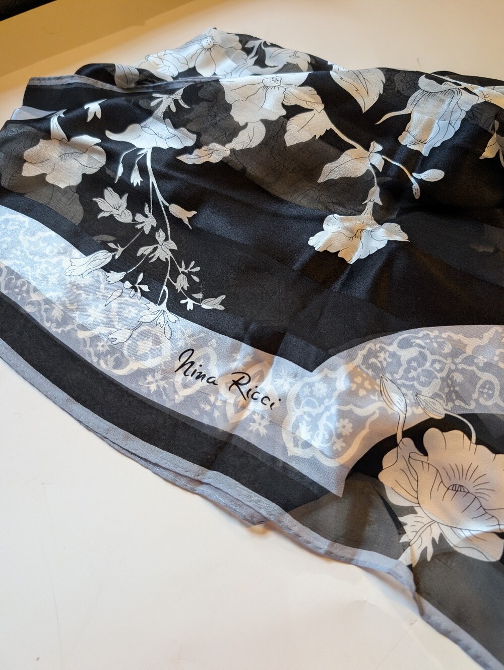 Nina Ricci Black and White Floral Silk-Blend Scarf